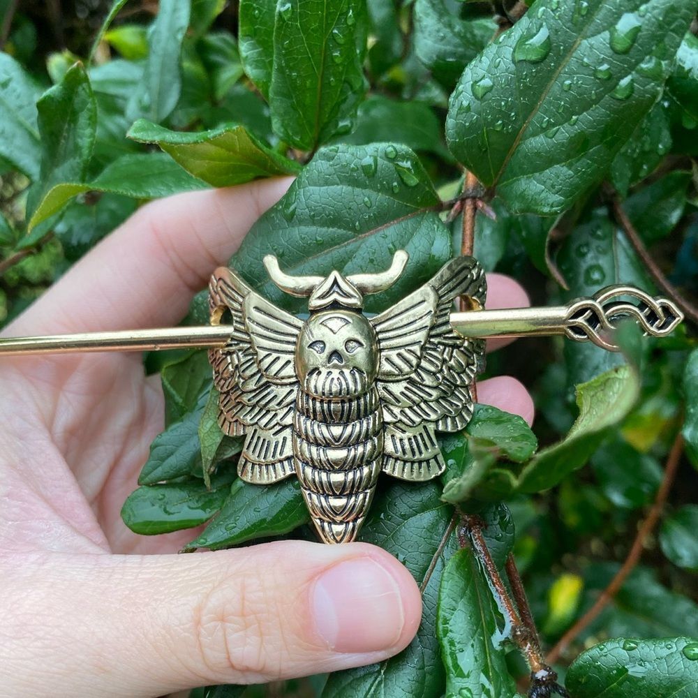 Gothic Antique Gold Death Moth Hair Accessory matching hair pin engraved…